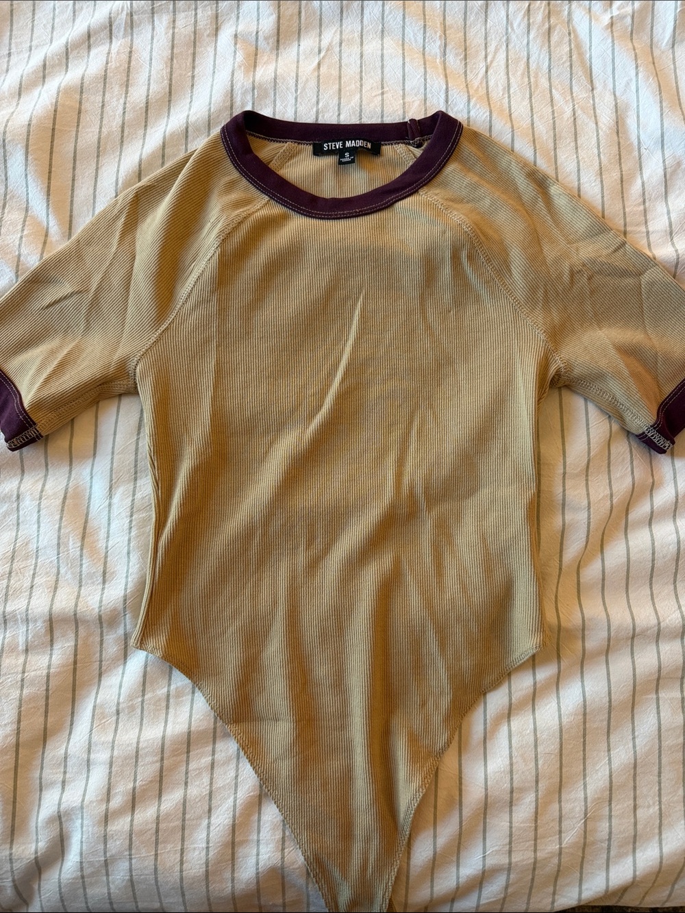 Steve Madden Tan Ribbed Bodysuit with Burgundy Trimmed Neck & Sleeves